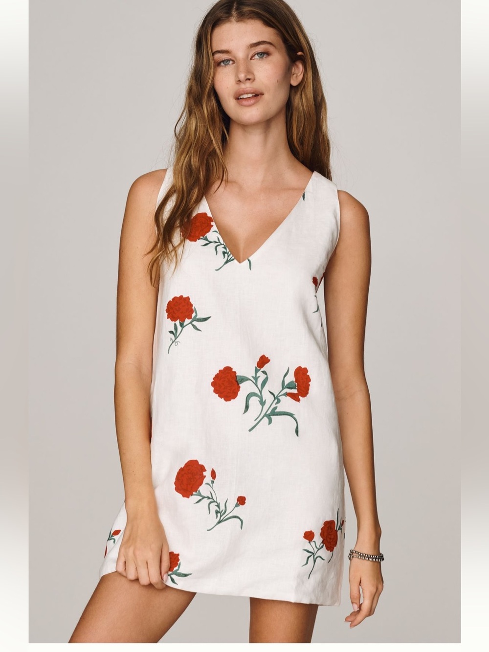 White Mini Dress with Red Floral Print
